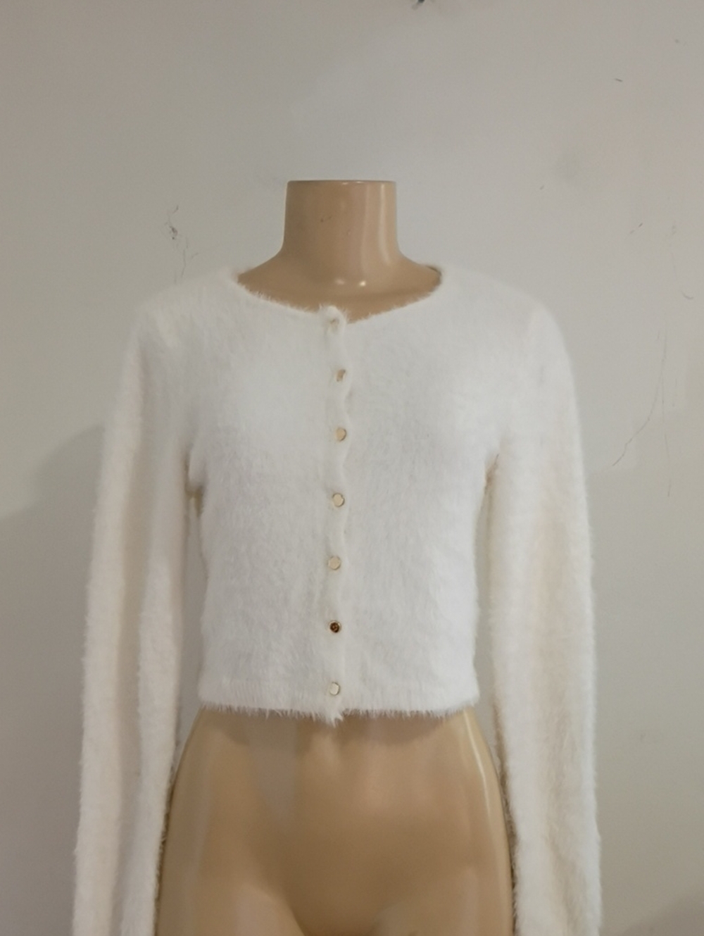 Forever 21 White Fuzzy Cropped Button Cardigan